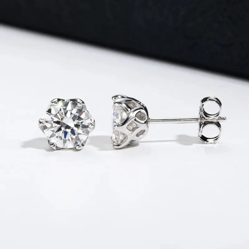 Round Moissanite Stud Earrings in Platinum-Plated Silver - White stone pair