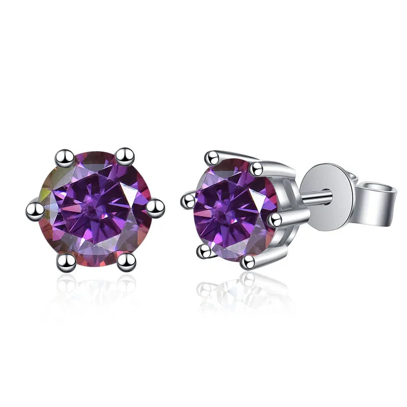 Colored Round Moissanite Stud Earrings in Sterling Silver - Purple stones