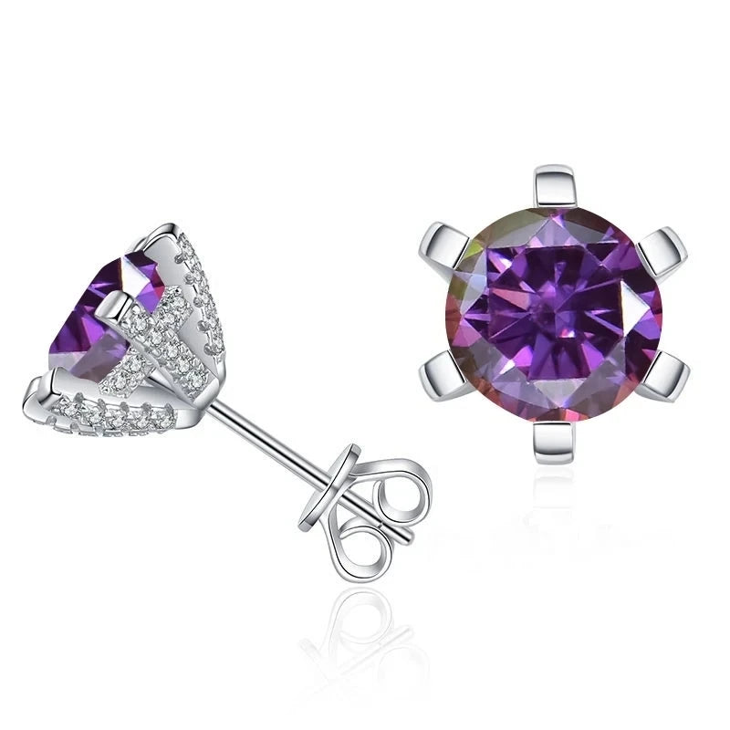 Colored Moissanite Stud Earrings with Sparkling Basket Settings - Purplish red stones