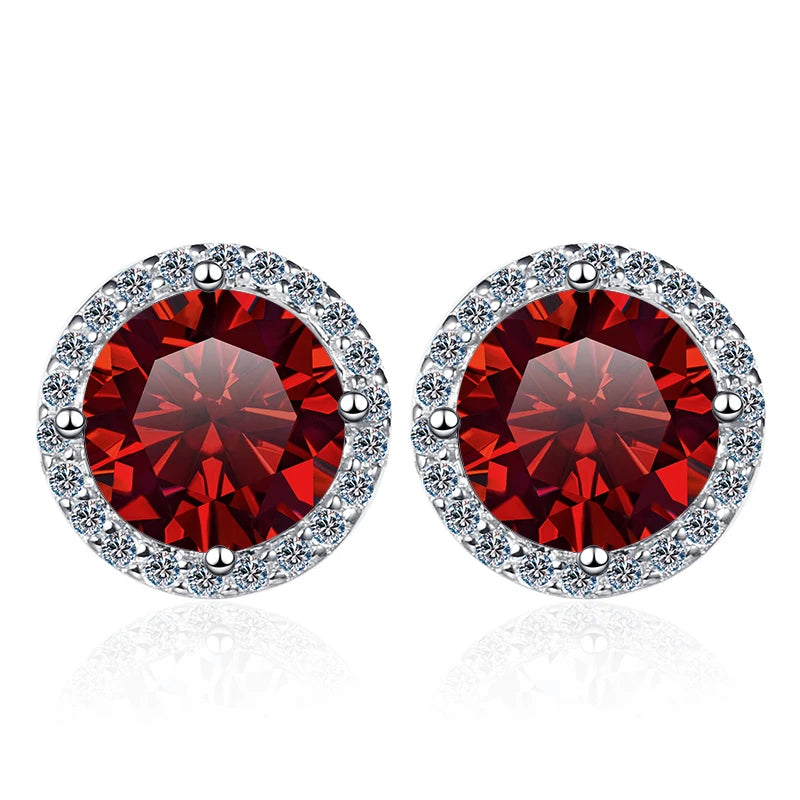 Colored Round Halo Moissanite Stud Earrings in Silver - Red centers