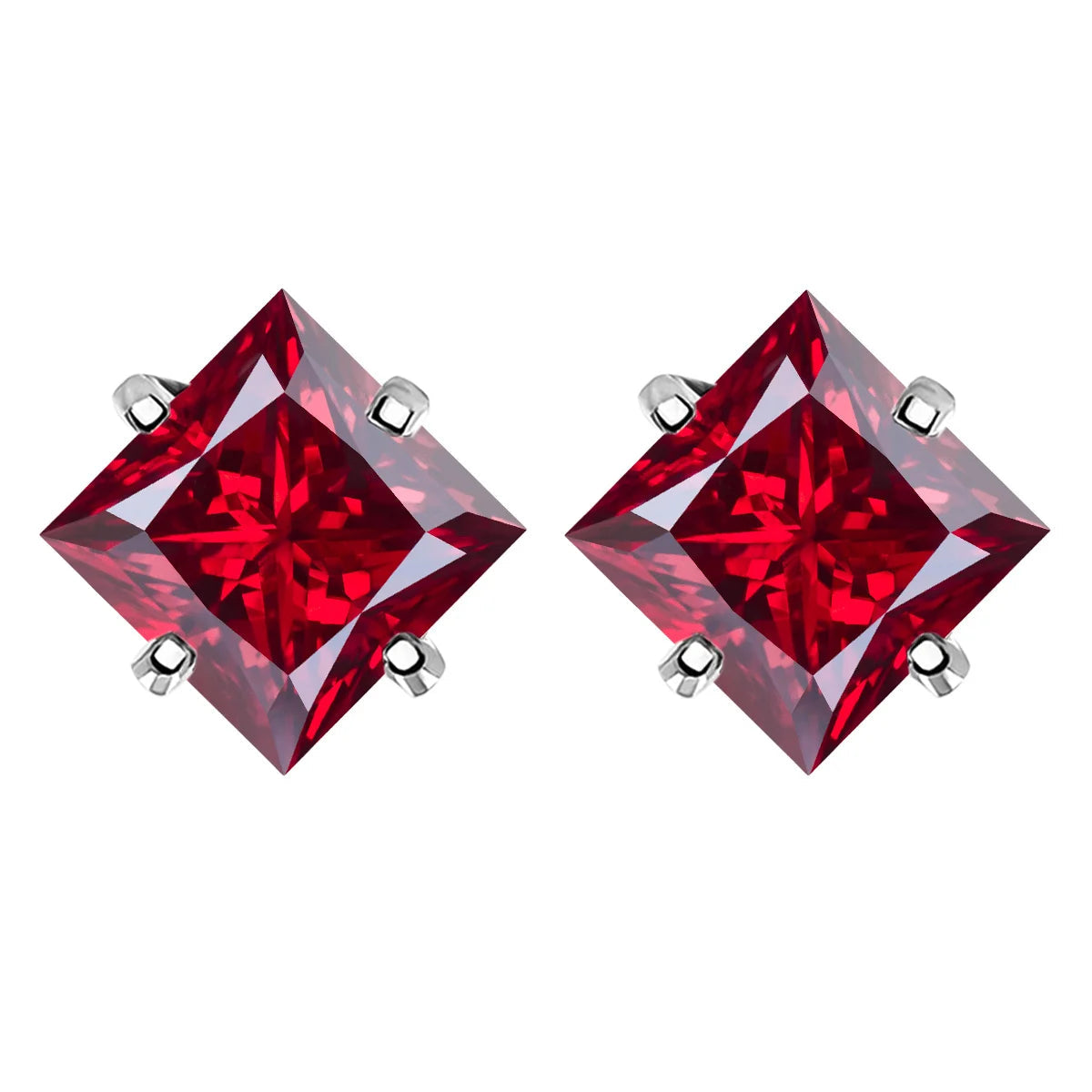 Colorful Princess-Cut Moissanite Stud Earrings in Sterling Silver — Red / Silver