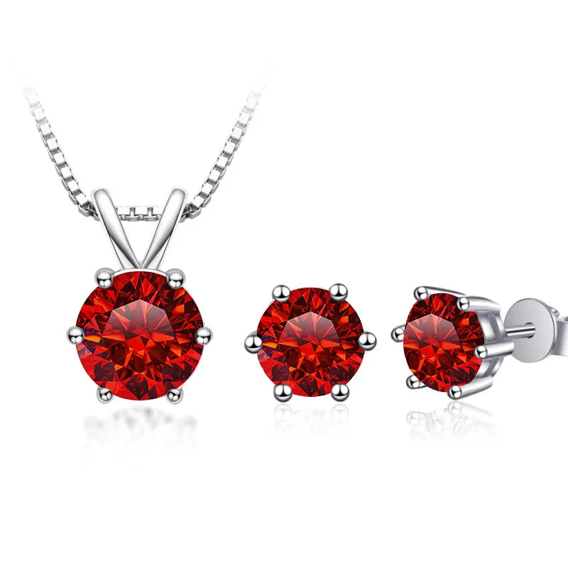 Round Moissanite Necklace & Stud Earring Set in Silver - Red set