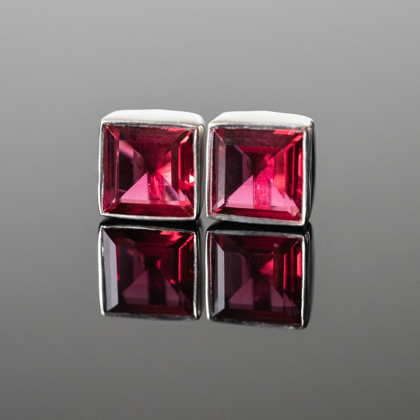 Red Tourmaline Square Stud Earrings 8mm Sterling Silver by Sapphire Maple