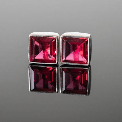 Red Tourmaline Square Stud Earrings 8mm Sterling Silver by Sapphire Maple