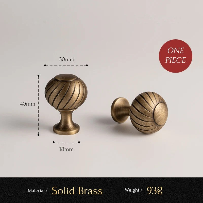 Ribbed solid brass round cabinet knob size diagram, 30mm wide