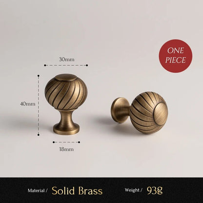 Ribbed solid brass round cabinet knob size diagram, 30mm wide