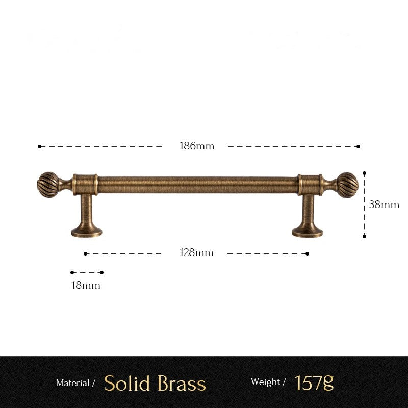 Ribbed solid brass cabinet pull size diagram, 128mm hole spacing