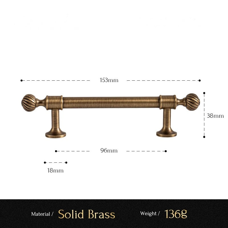 Ribbed solid brass cabinet pull size diagram, 96mm hole spacing
