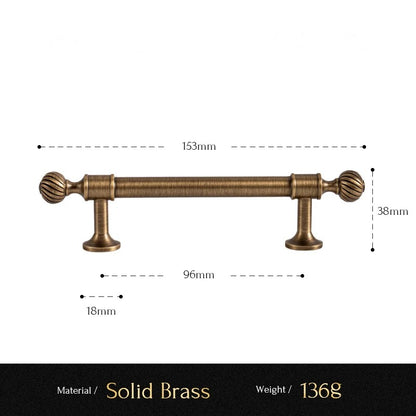 Ribbed solid brass cabinet pull size diagram, 96mm hole spacing