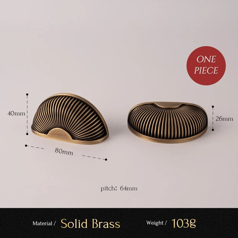 Ribbed Shell solid brass cup pull size diagram, 64mm hole spacing