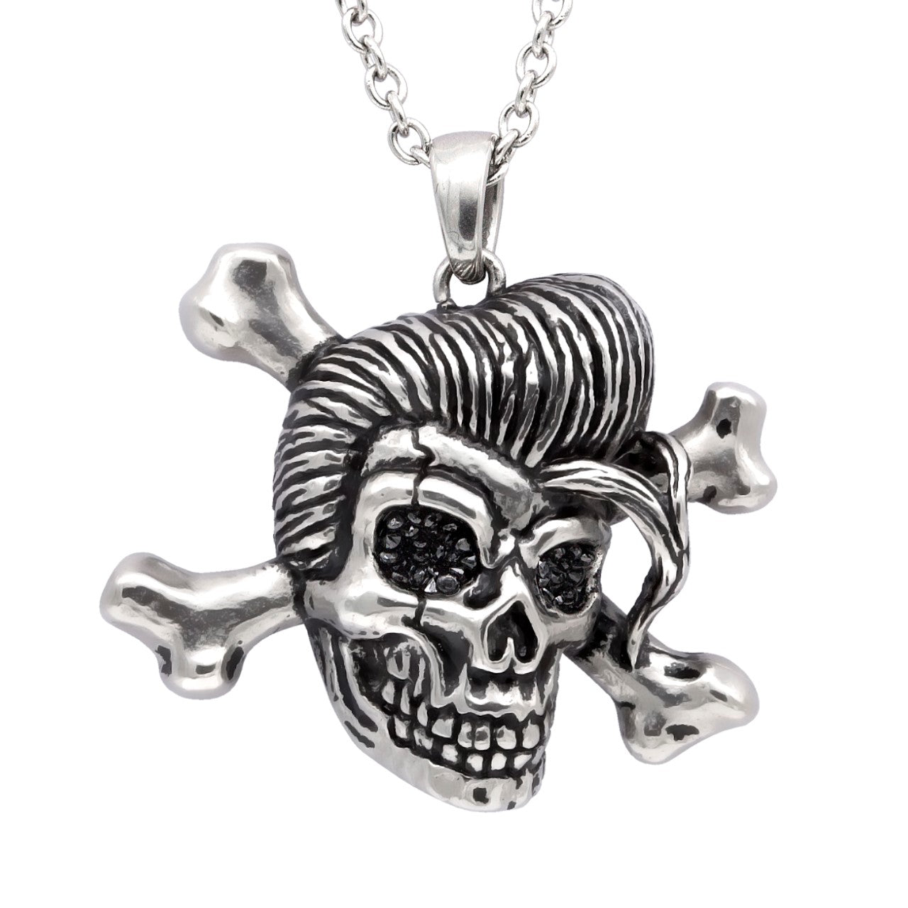 Rockabilly Skull Necklace Stainless Steel Black CZ Pendant by Blue Asteria