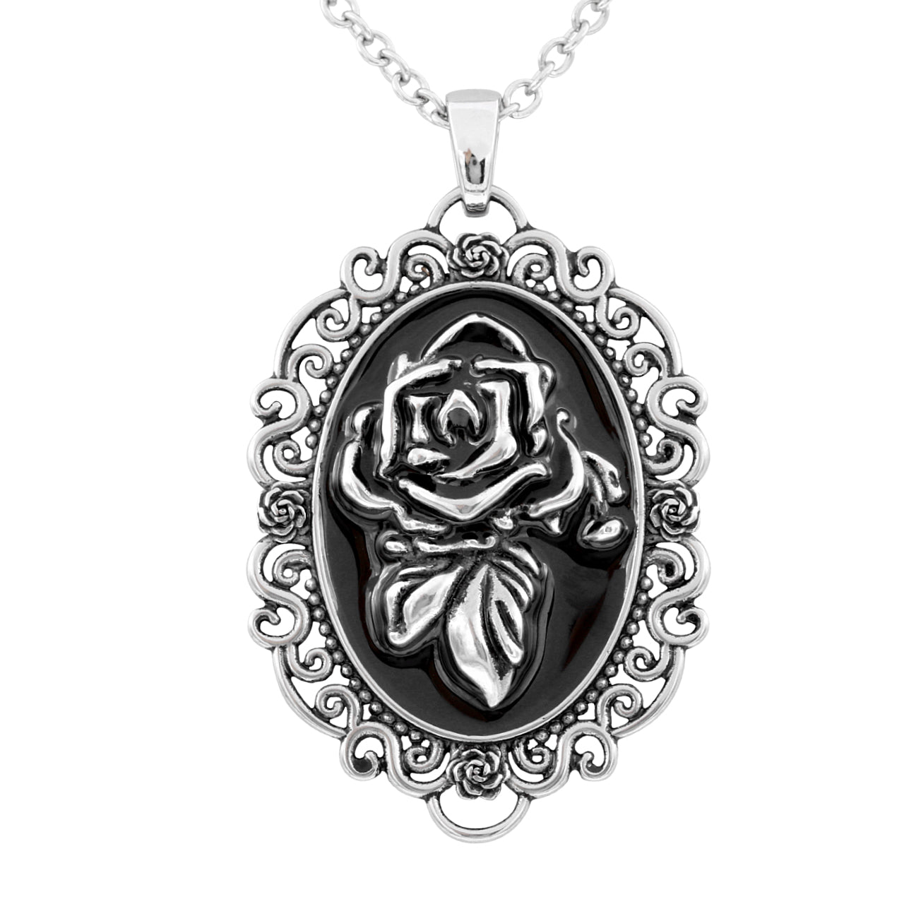 Rose Cameo Pendant Necklace Vintage Gothic Black Silver by Blue Asteria
