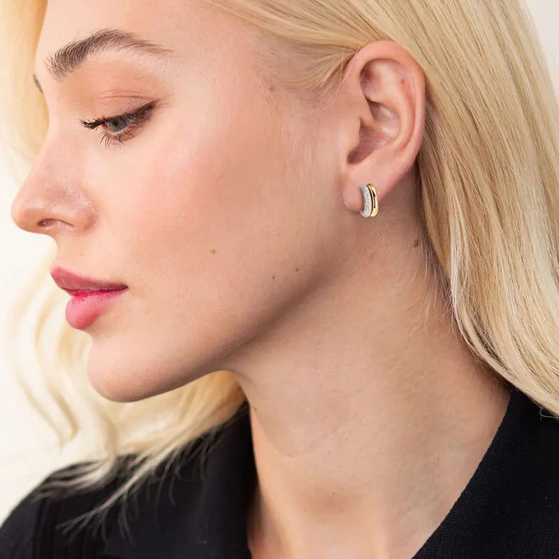 Double-Row C-Shaped Moissanite Stud Earrings - Side view on model