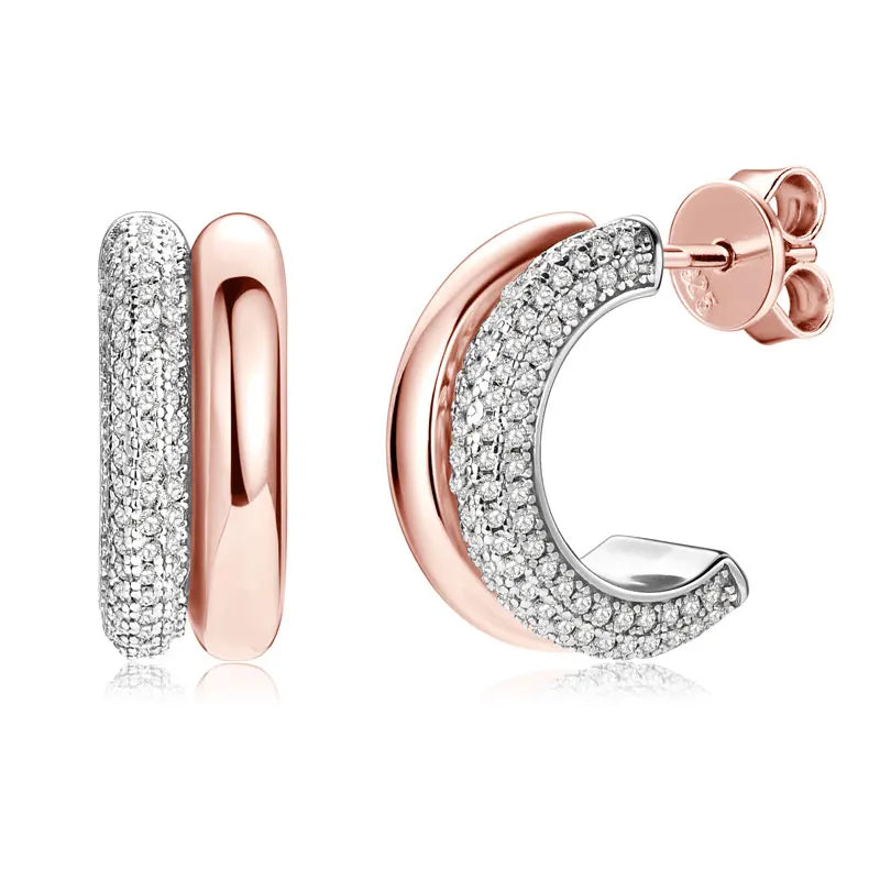 Double-Row C-Shaped Moissanite Stud Earrings - Rose gold-tone front and side views