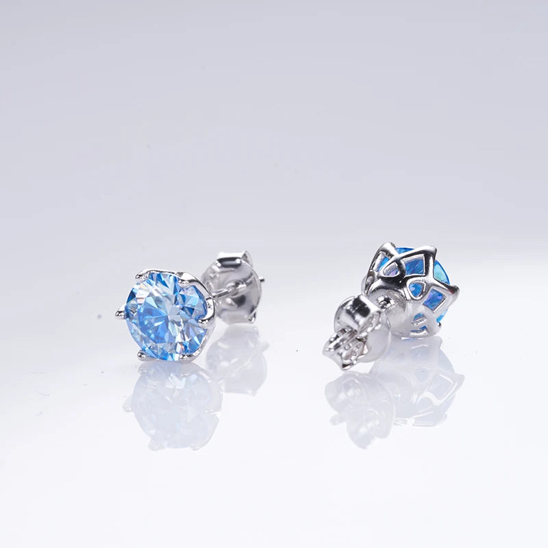 Round Moissanite Stud Earrings in Platinum-Plated Silver - Blue stone pair