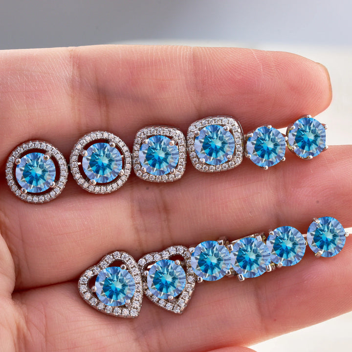 Blue Moissanite Halo Stud Earrings in Sterling Silver