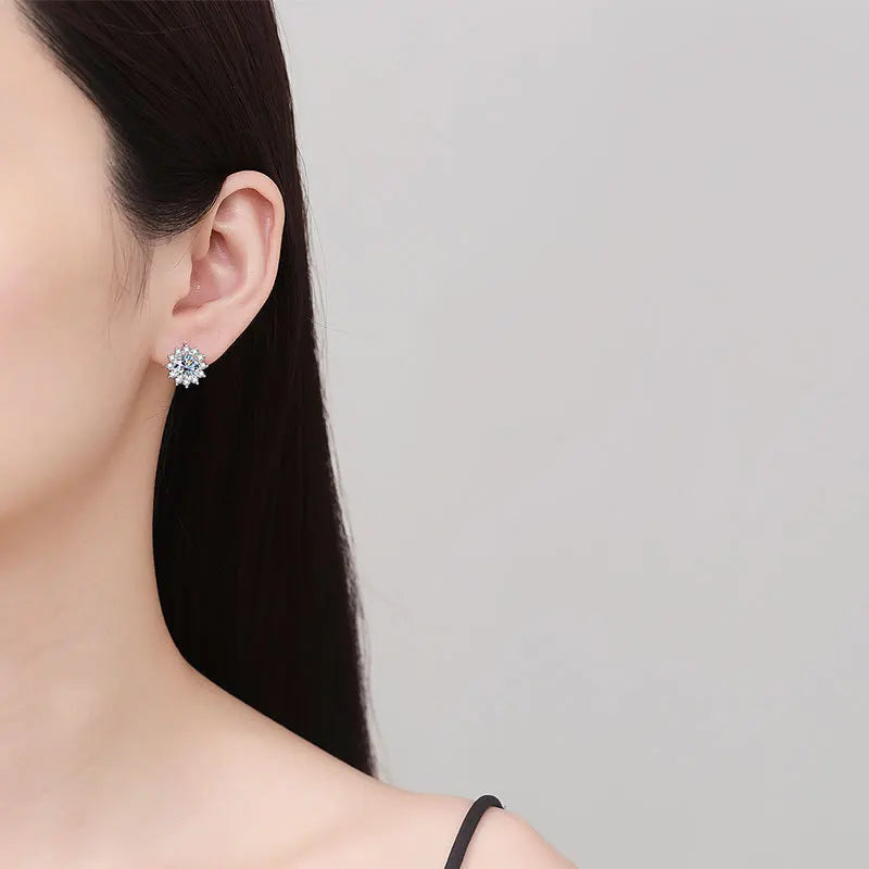 Sunflower Halo Moissanite Hoop Earrings in Sterling Silver - Floral hoop earrings on model