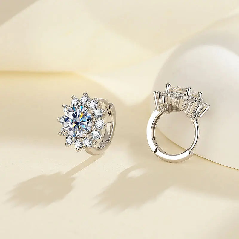 Sunflower Halo Moissanite Hoop Earrings in Sterling Silver - Open hinged hoop closures