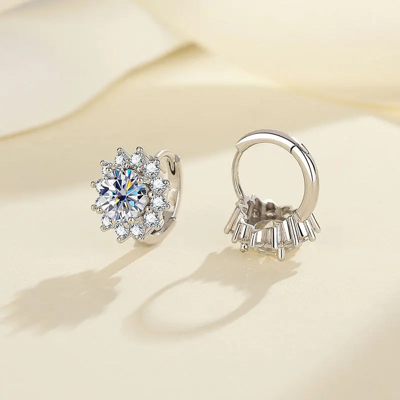 Sunflower Halo Moissanite Hoop Earrings in Sterling Silver - Front and rear hoop settings