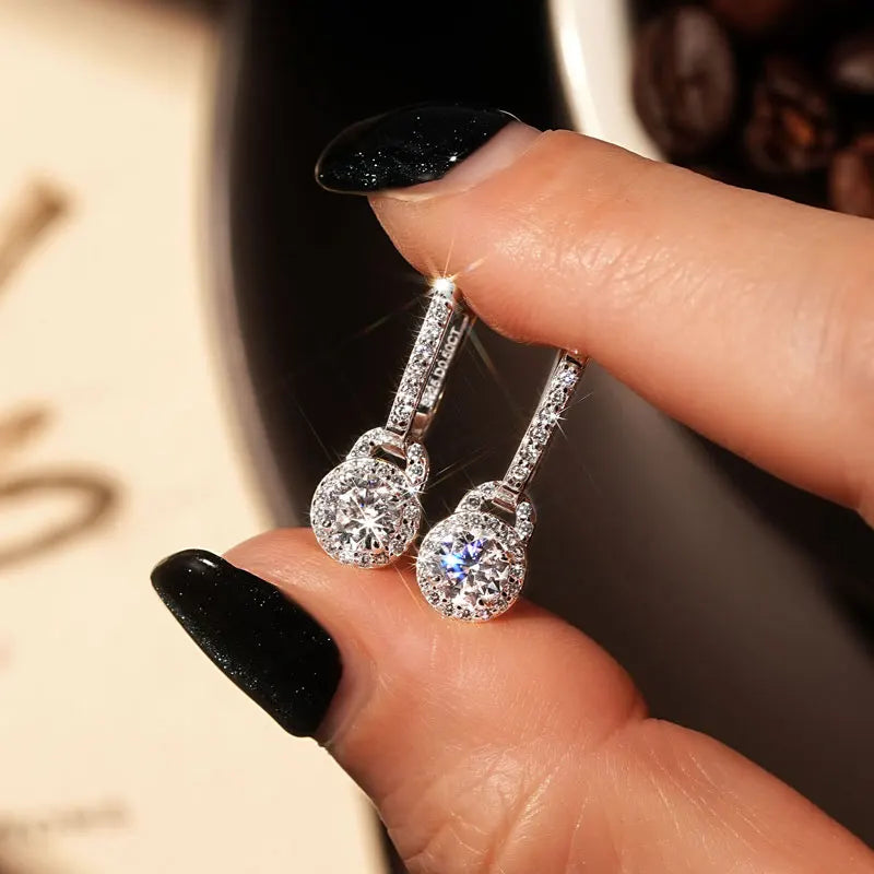 Lock-Style Halo Moissanite Drop Earrings in Sterling Silver - Silver halo drops close-up