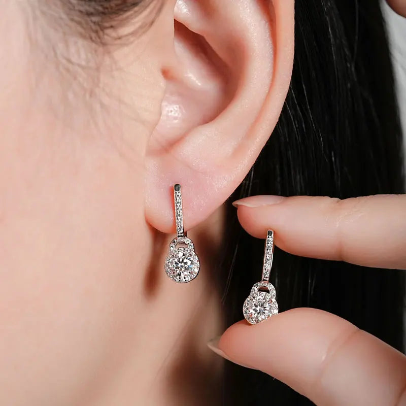Lock-Style Halo Moissanite Drop Earrings in Sterling Silver - Drop earrings on model