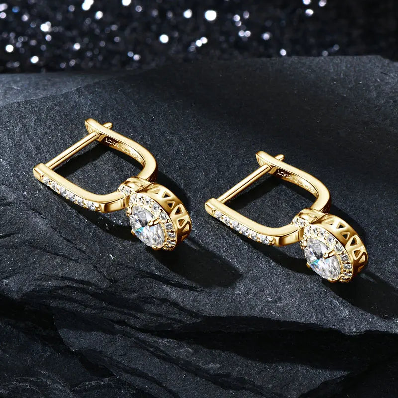 Lock-Style Halo Moissanite Drop Earrings in Sterling Silver - Gold-tone pair angled view