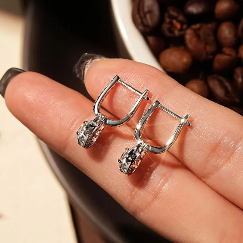 Lock-Style Halo Moissanite Drop Earrings in Sterling Silver - Silver rear settings on hand