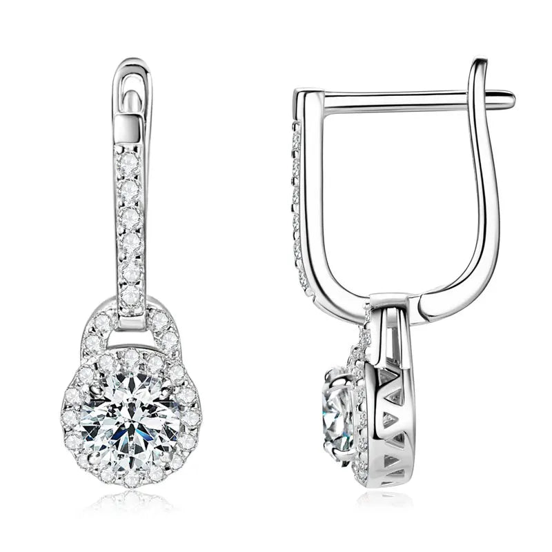 Lock-Style Halo Moissanite Drop Earrings in Sterling Silver - Silver front and hinged back