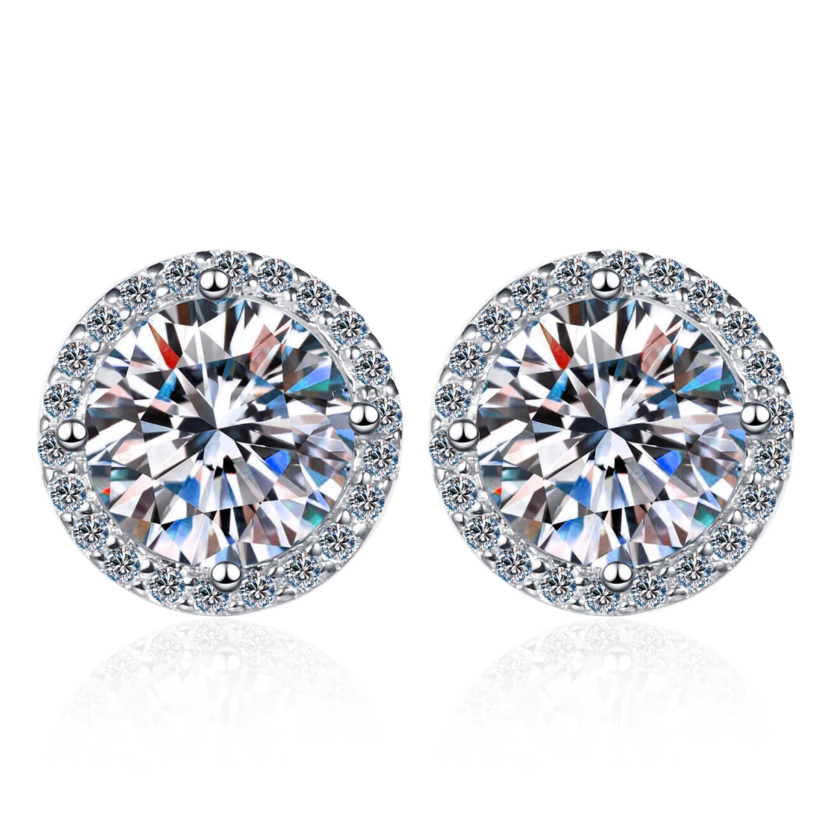 Round Halo Moissanite Stud Earrings in Sterling Silver — Halo pair from front