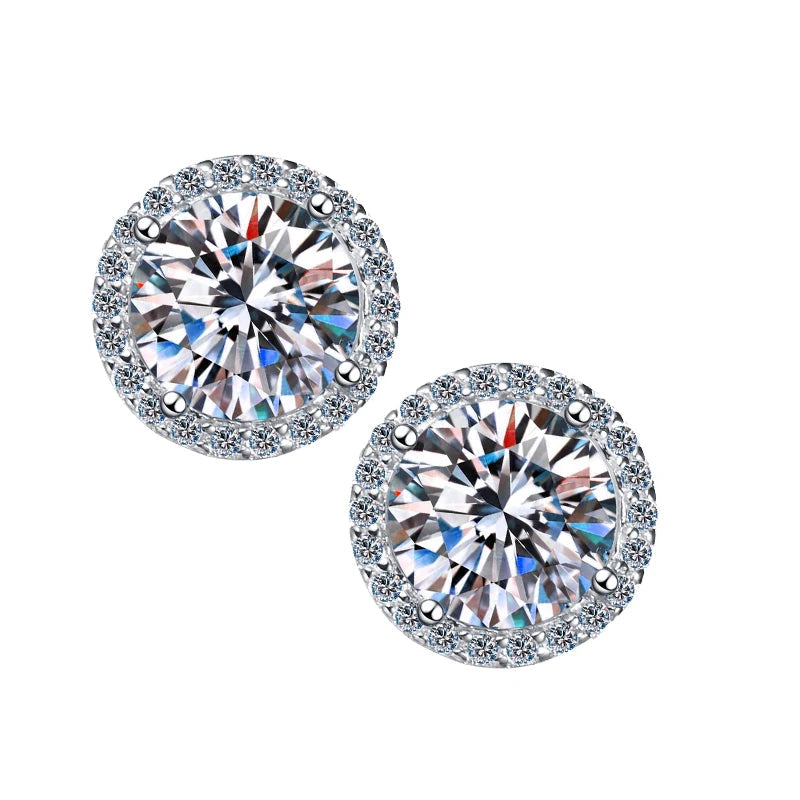 Round Halo Moissanite Stud Earrings in Sterling Silver — Round halo pair