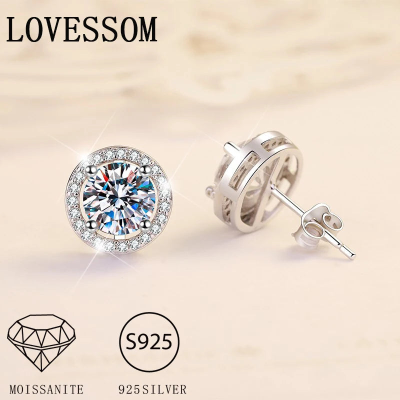 Round Halo Moissanite Stud Earrings in Sterling Silver — Front and rear views