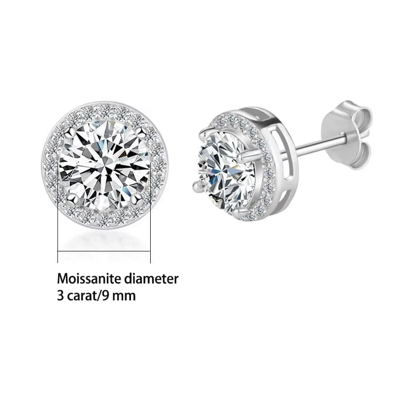 Round Halo Moissanite Stud Earrings in Sterling Silver — 3ct center size guide