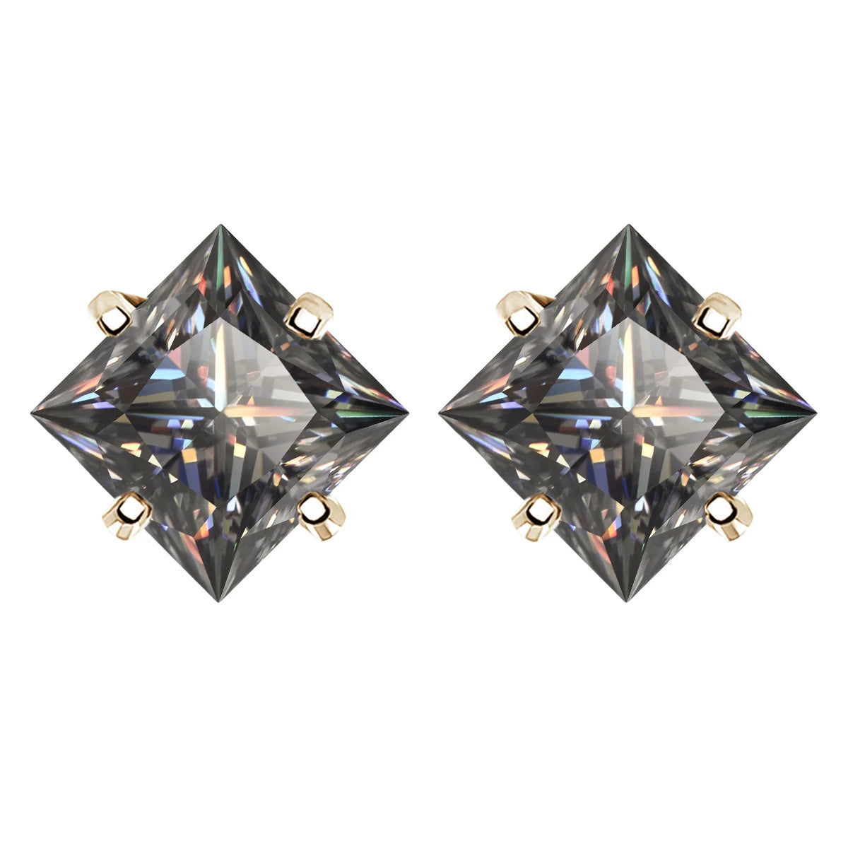 Gray Princess-Cut Moissanite Stud Earrings in Sterling Silver — Gold-Tone