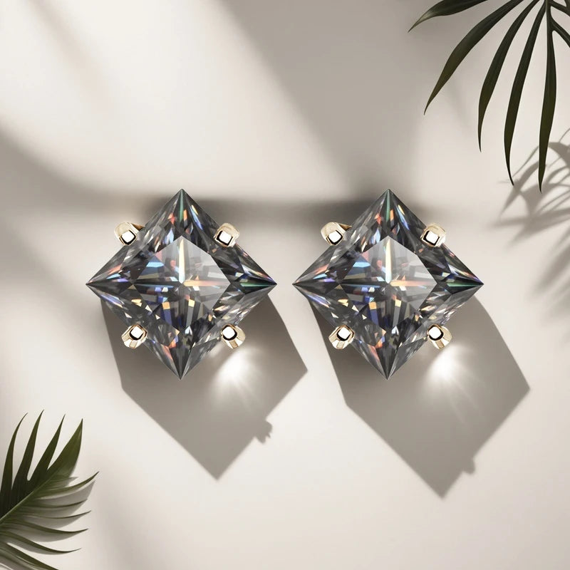 Gray Princess-Cut Moissanite Stud Earrings in Sterling Silver — Gray square fronts