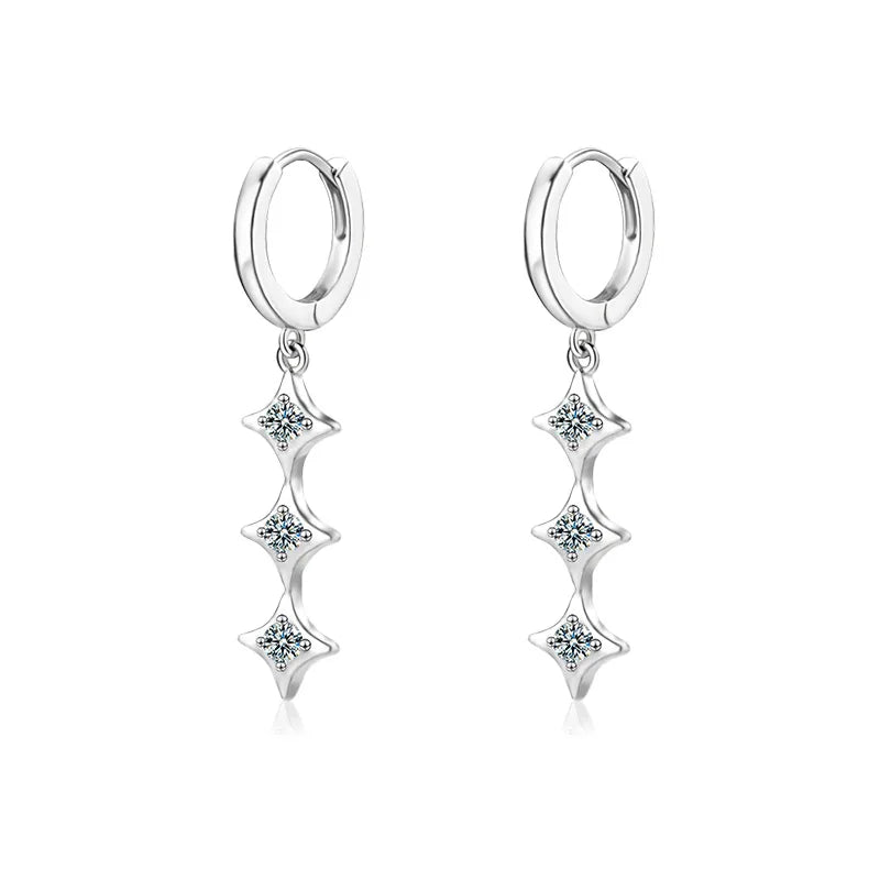 Moissanite Leaf, Star & Bezel Drop Earrings in Sterling Silver — Linked star hoop drops