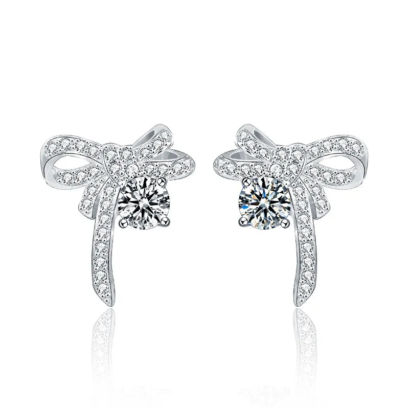 Moissanite Bow Stud and Drop Earrings in Sterling Silver — 0.5ct each / Long Ribbon Stud — BandsCo Straps