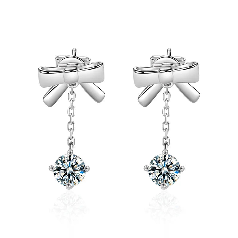 Moissanite Bow Stud and Drop Earrings in Sterling Silver — 0.5ct each / Chain Bow Drop — BandsCo Straps