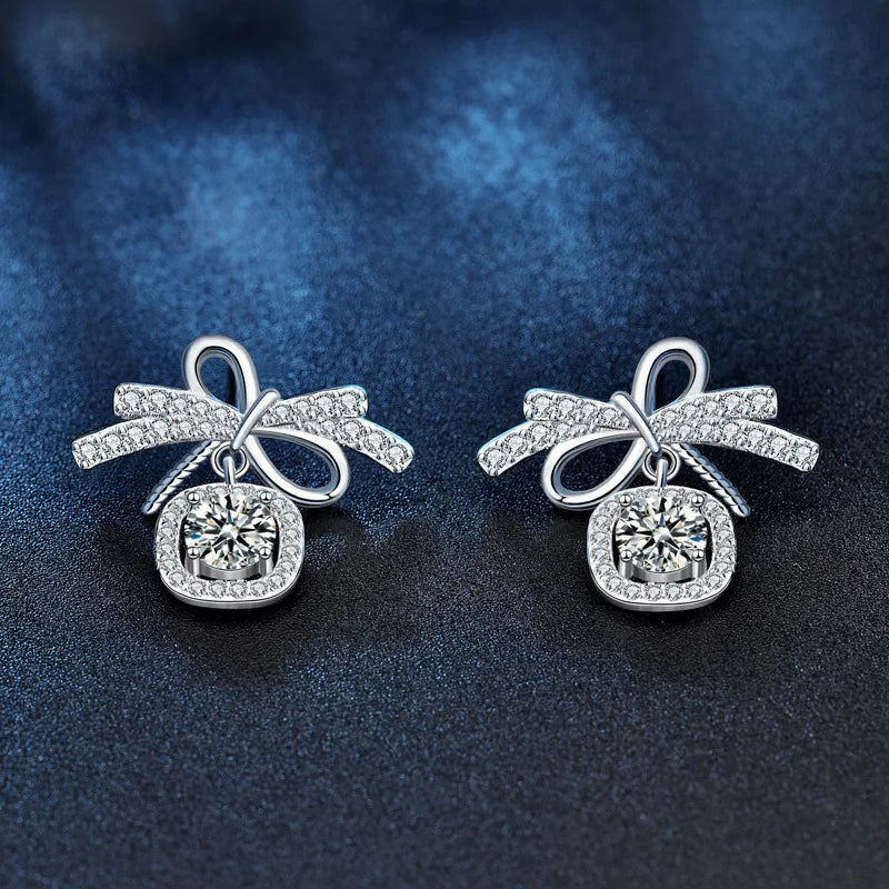 Moissanite Bow Stud and Drop Earrings in Sterling Silver — Halo bow earring pair — BandsCo Straps