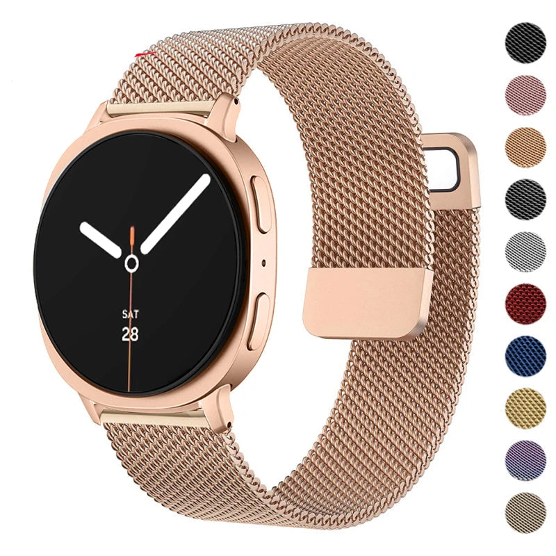 Rose gold mesh watch band with color preview circles for Samsung Galaxy Watch8, Watch8 Classic and Watch9