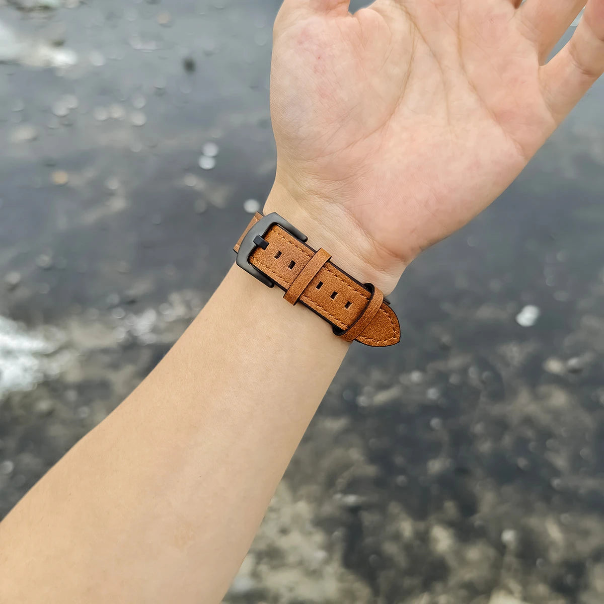 Brown leather band worn on wrist for Samsung Galaxy Watch8, Watch8 Classic and Watch9