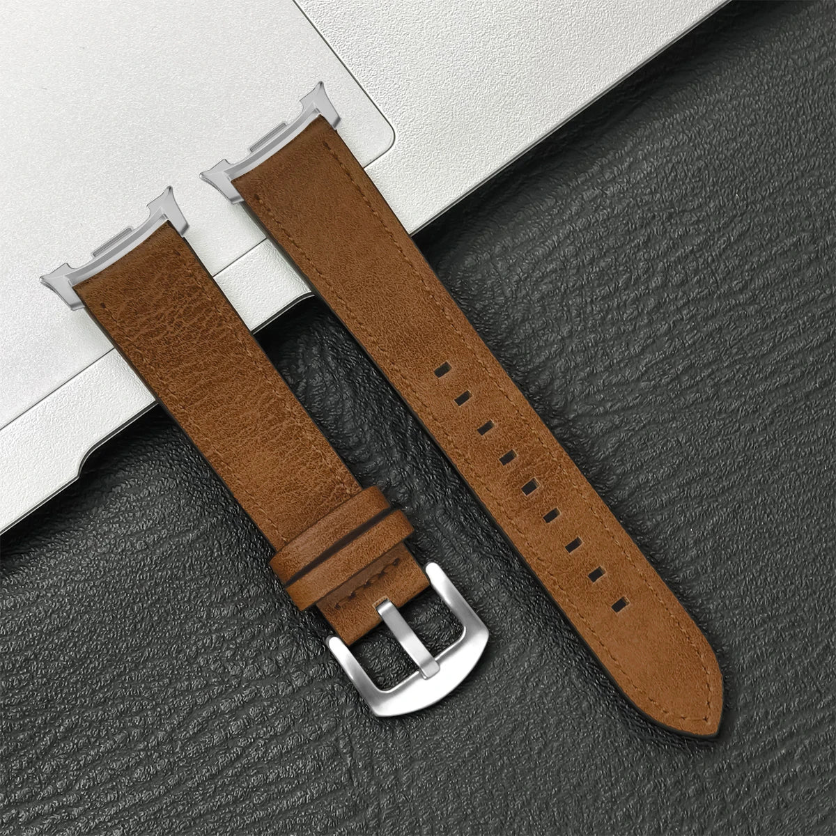 Vintage-Texture Leather Buckle Band in Tan / Silver Hardware for Samsung Galaxy Watch8, Watch8 Classic and Watch9