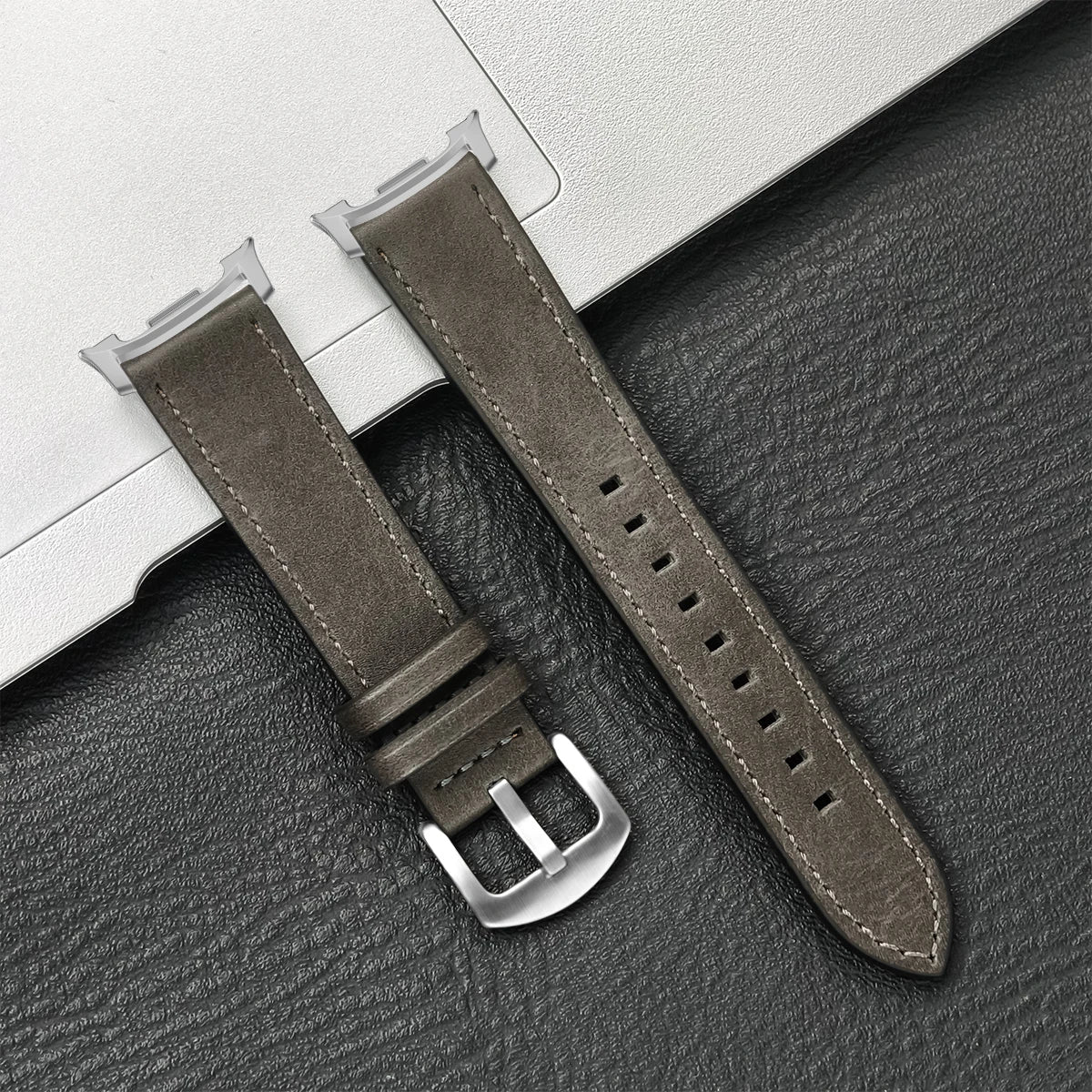 Vintage-Texture Leather Buckle Band in Gray / Silver Hardware for Samsung Galaxy Watch8, Watch8 Classic and Watch9