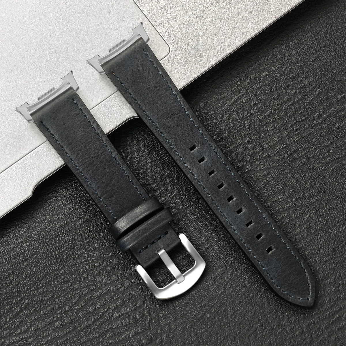 Vintage-Texture Leather Buckle Band in Midnight Blue / Silver Hardware for Samsung Galaxy Watch8, Watch8 Classic and Watch9