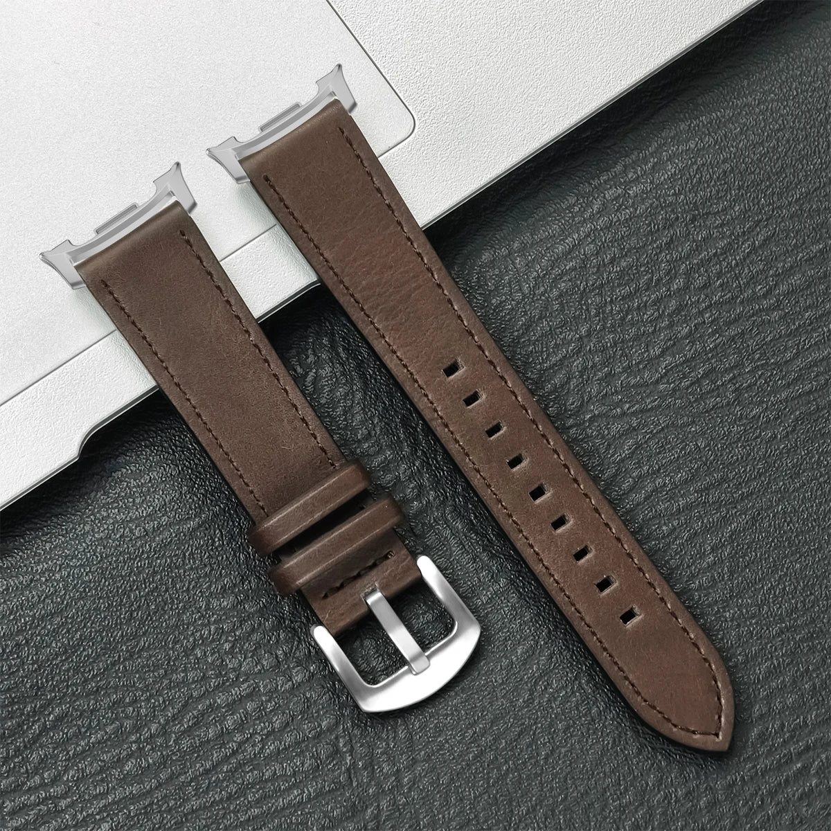 Vintage-Texture Leather Buckle Band in Dark Brown / Silver Hardware for Samsung Galaxy Watch8, Watch8 Classic and Watch9