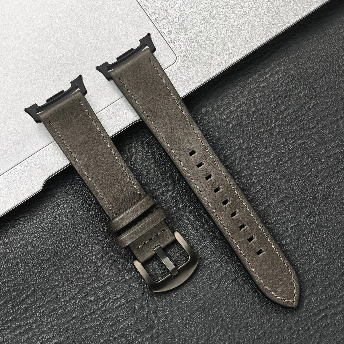 Vintage-Texture Leather Buckle Band in Gray / Black Hardware for Samsung Galaxy Watch8, Watch8 Classic and Watch9