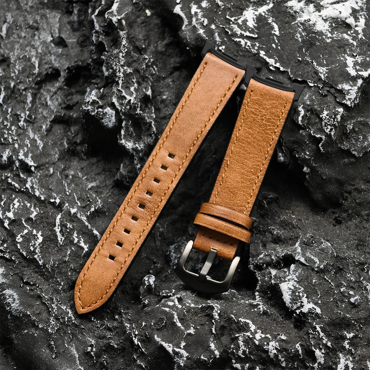 Tan leather strap laid flat for Samsung Galaxy Watch8, Watch8 Classic and Watch9