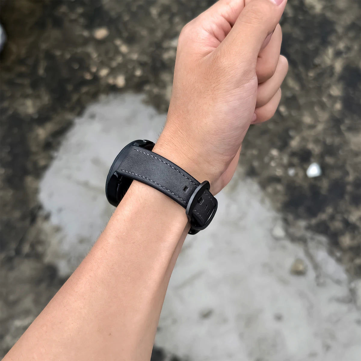 Dark leather band worn on wrist for Samsung Galaxy Watch8, Watch8 Classic and Watch9
