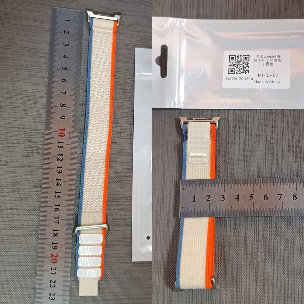 Contrasting-edge nylon watch band measured alongside a ruler for Samsung Galaxy Watch8, Watch8 Classic and Watch9