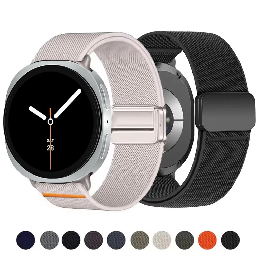 Starlight and black nylon clasp bands with color previews