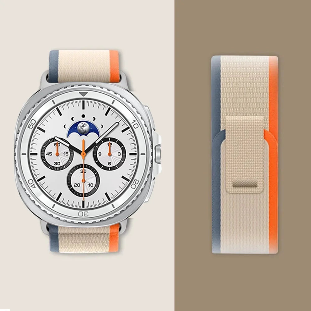 Beige nylon watch band with blue and orange edges for Samsung Galaxy Watch8, Watch8 Classic and Watch9